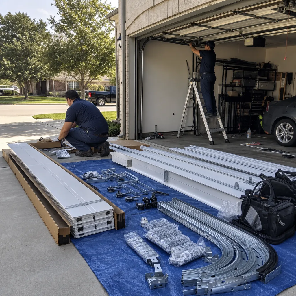 Two professional technicians installing a new residential garage door