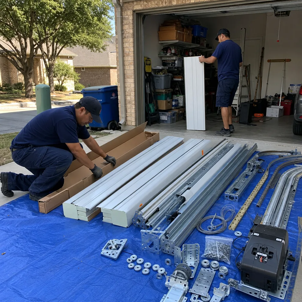 Two technicians preparing garage door parts and panels for residential installation