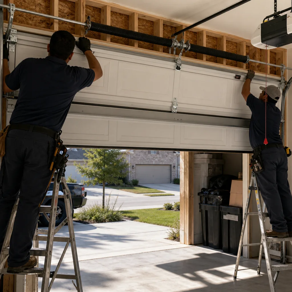 Two technicians installing a new residential garage door on ladders.