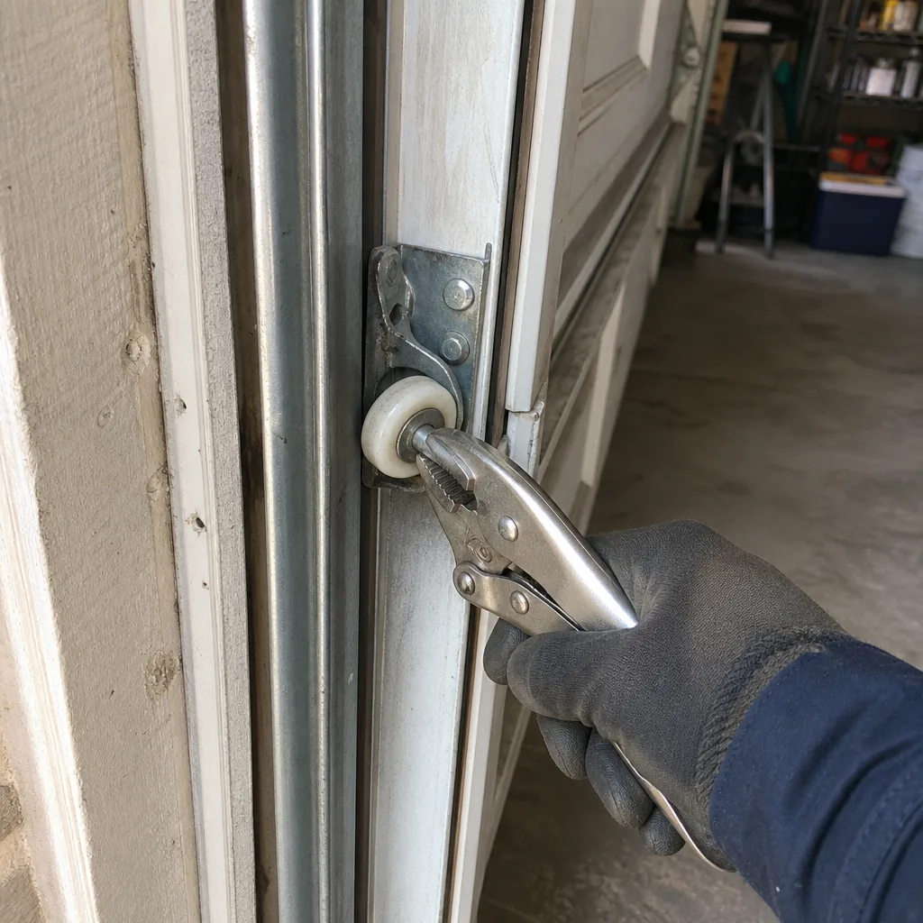 Professional repairing a garage door roller with locking pliers