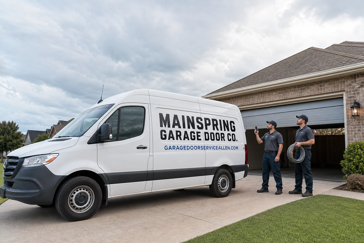 Mainspring Garage Door Co. garage door service vehicle and crew in Allen, TX